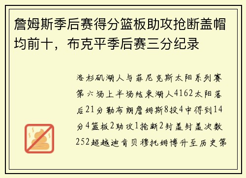 詹姆斯季后赛得分篮板助攻抢断盖帽均前十，布克平季后赛三分纪录