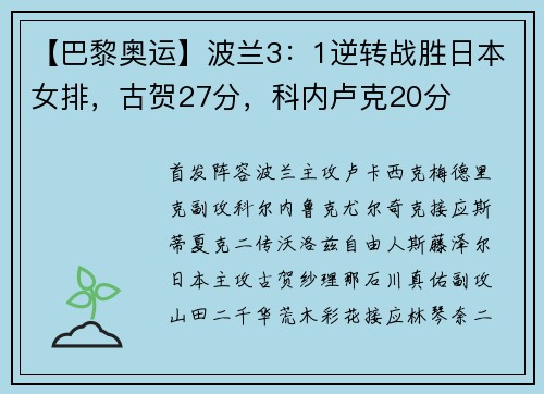 【巴黎奥运】波兰3：1逆转战胜日本女排，古贺27分，科内卢克20分