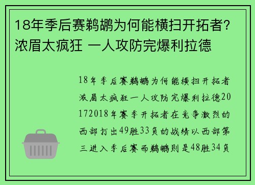 18年季后赛鹈鹕为何能横扫开拓者？浓眉太疯狂 一人攻防完爆利拉德